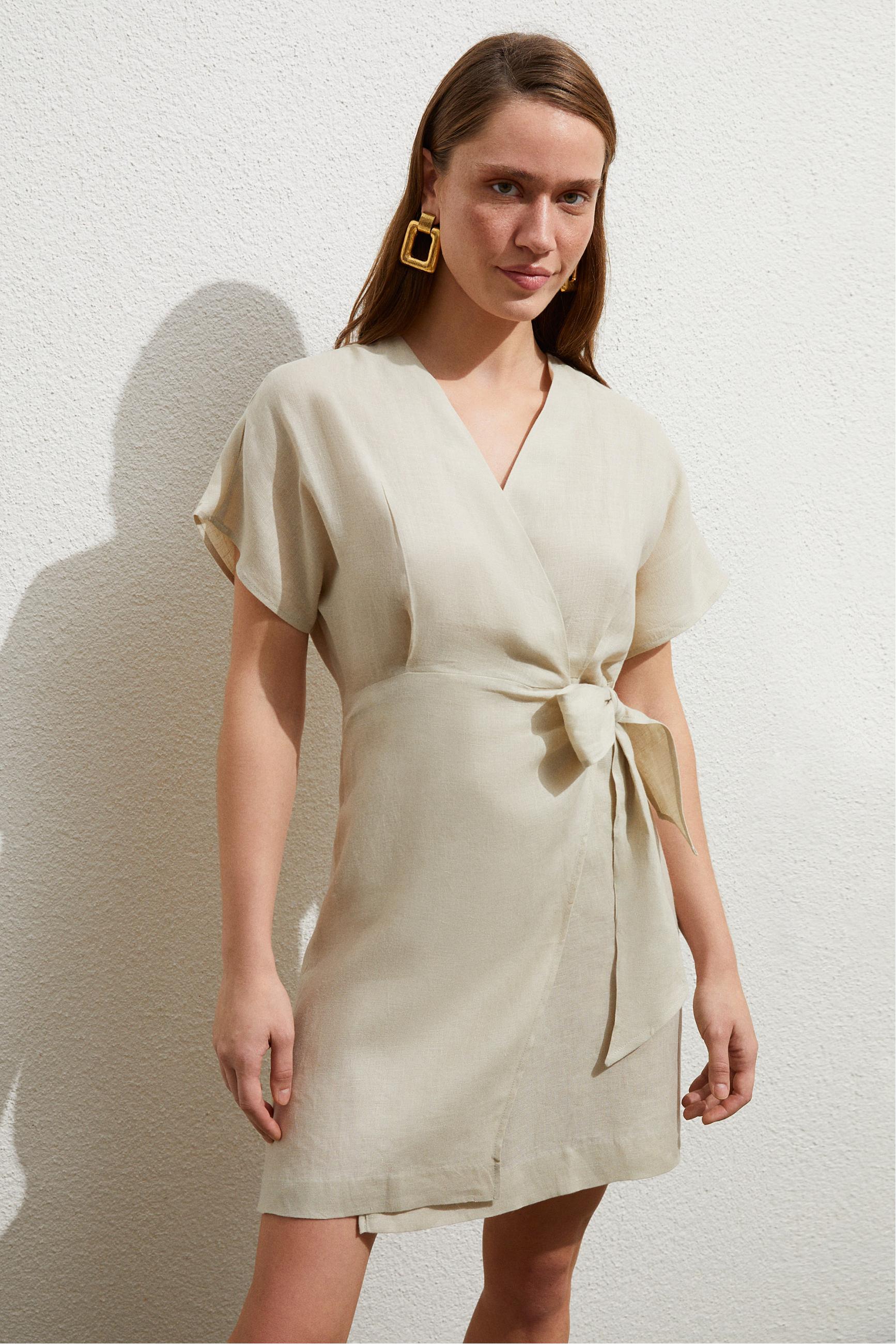 KRUVAZE KESİM MİNİ KETEN ELBİSE