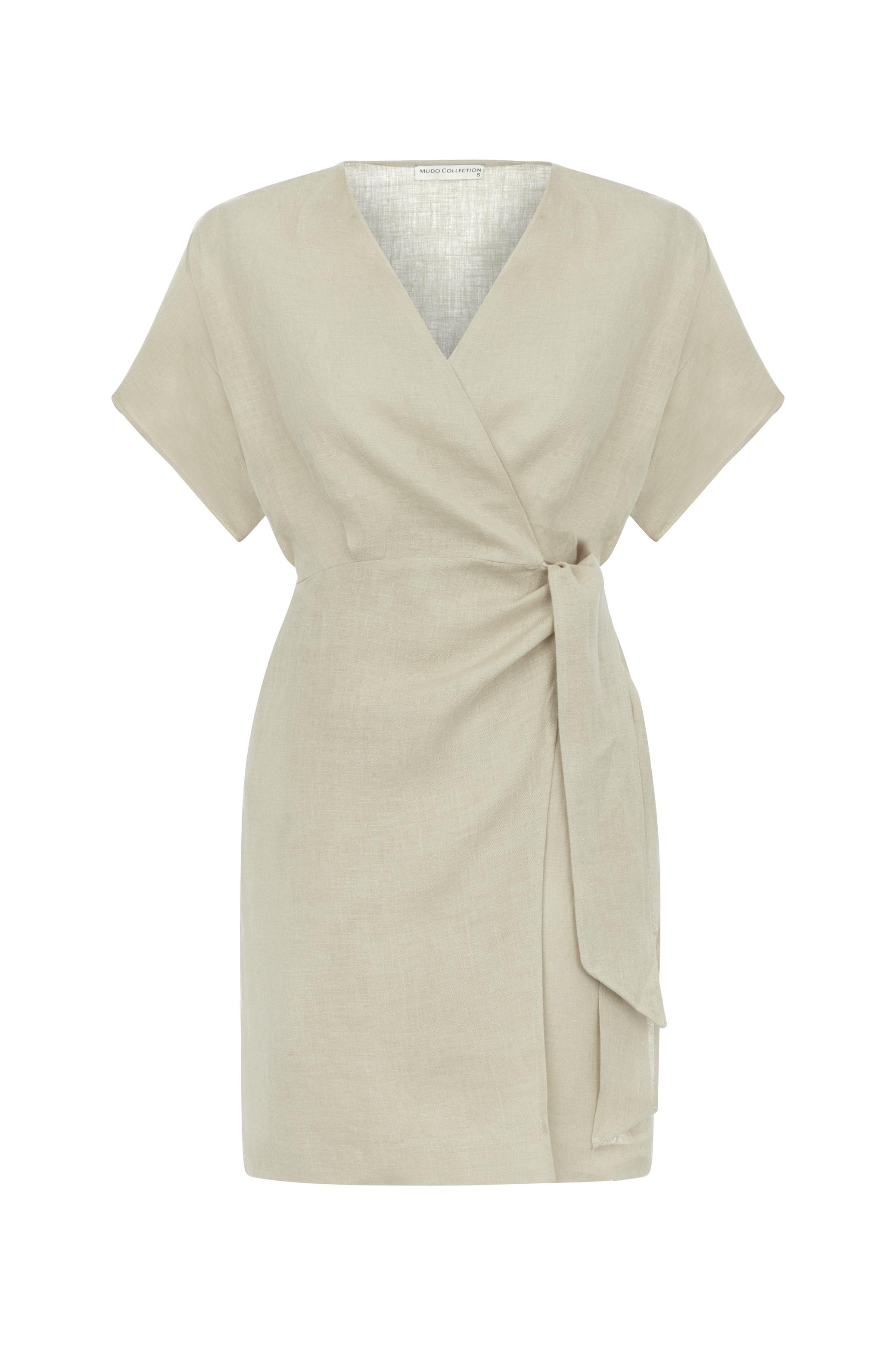 KRUVAZE KESİM MİNİ KETEN ELBİSE