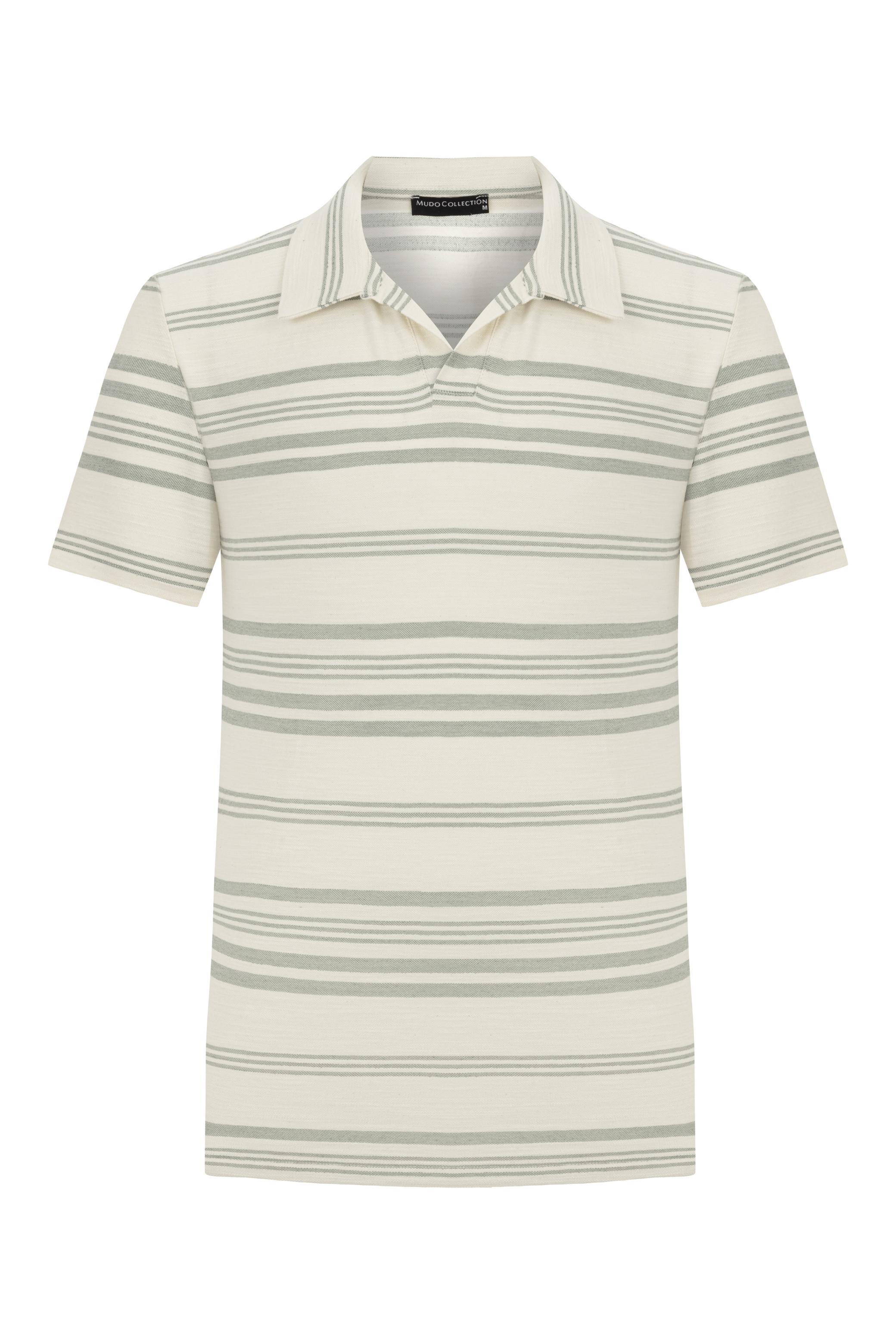 KETEN KARIŞIMLI ÇİZGİLİ POLO YAKA T-SHIRT