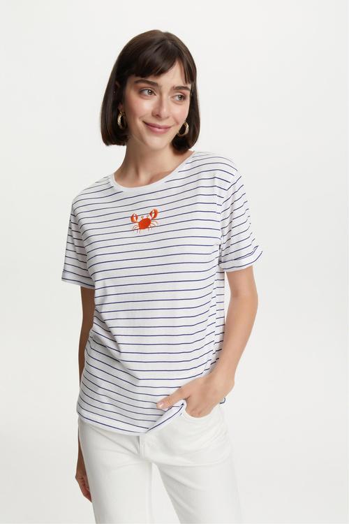  ÇİZGİLİ YENGEÇ DETAYLI KISA KOLLU T-SHIRT