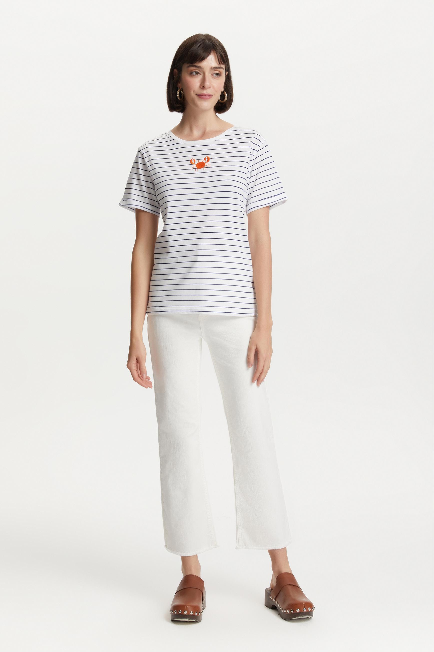 ÇİZGİLİ YENGEÇ DETAYLI KISA KOLLU T-SHIRT