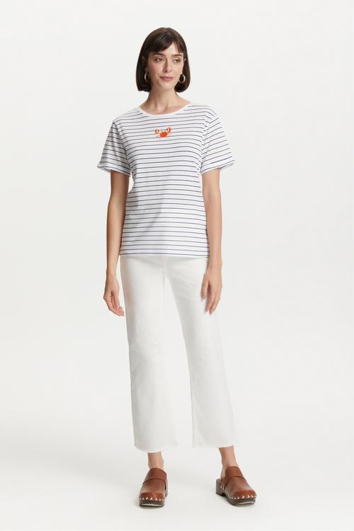  ÇİZGİLİ YENGEÇ DETAYLI KISA KOLLU T-SHIRT