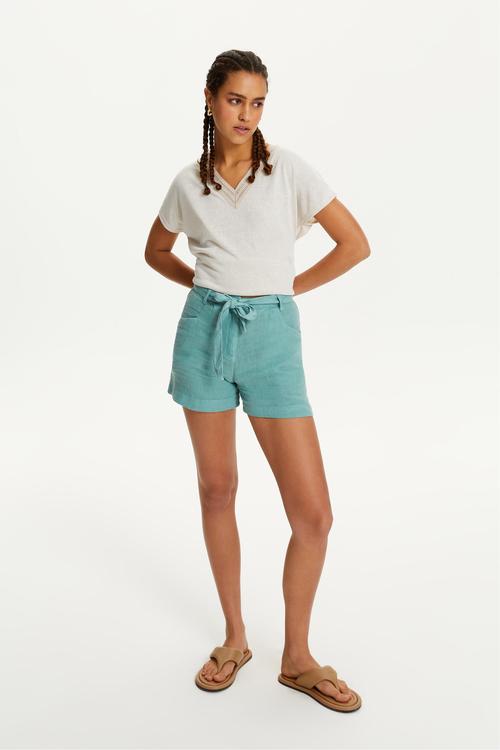  KUŞAKLI MİNİ KETEN ŞORT