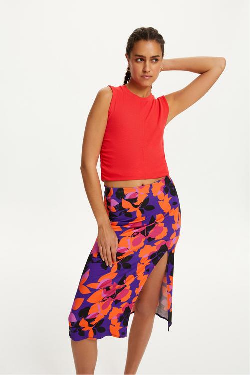  ÇİÇEK DESENLİ YIRTMAÇLI MİDİ ETEK