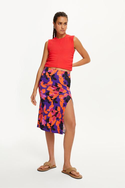  ÇİÇEK DESENLİ YIRTMAÇLI MİDİ ETEK