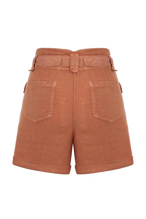  KEMER DETAYLI MİNİ KETEN ŞORT