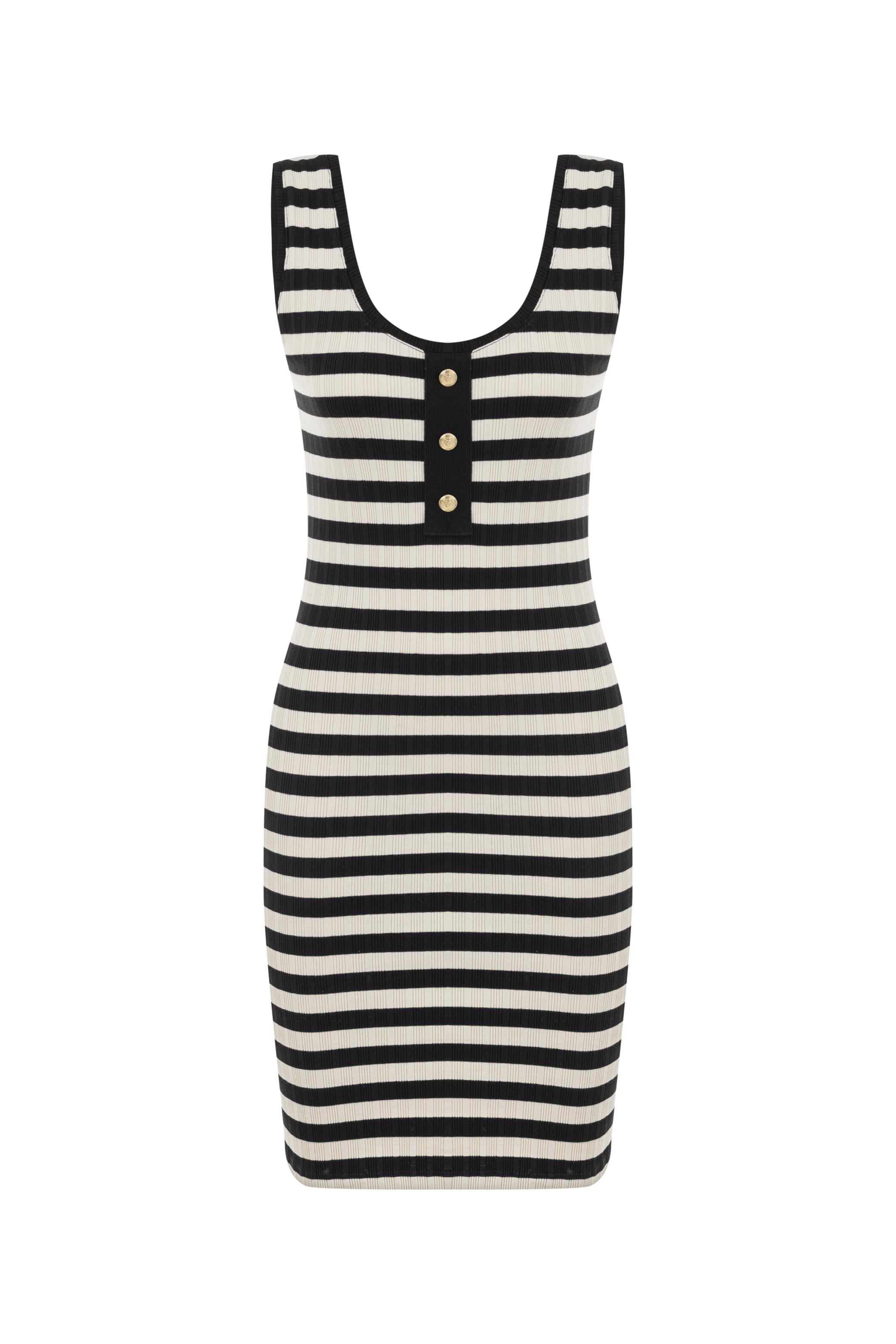 ÇİZGİLİ DÜĞME DETAYLI MİDİ ELBİSE
