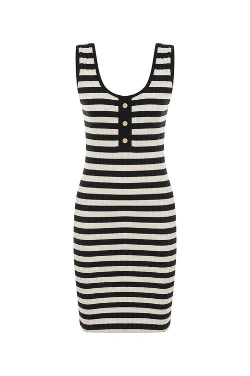  ÇİZGİLİ DÜĞME DETAYLI MİDİ ELBİSE