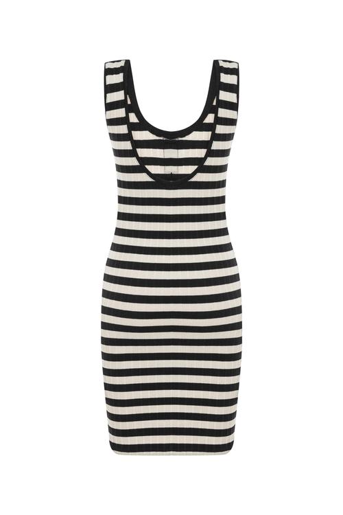  ÇİZGİLİ DÜĞME DETAYLI MİDİ ELBİSE