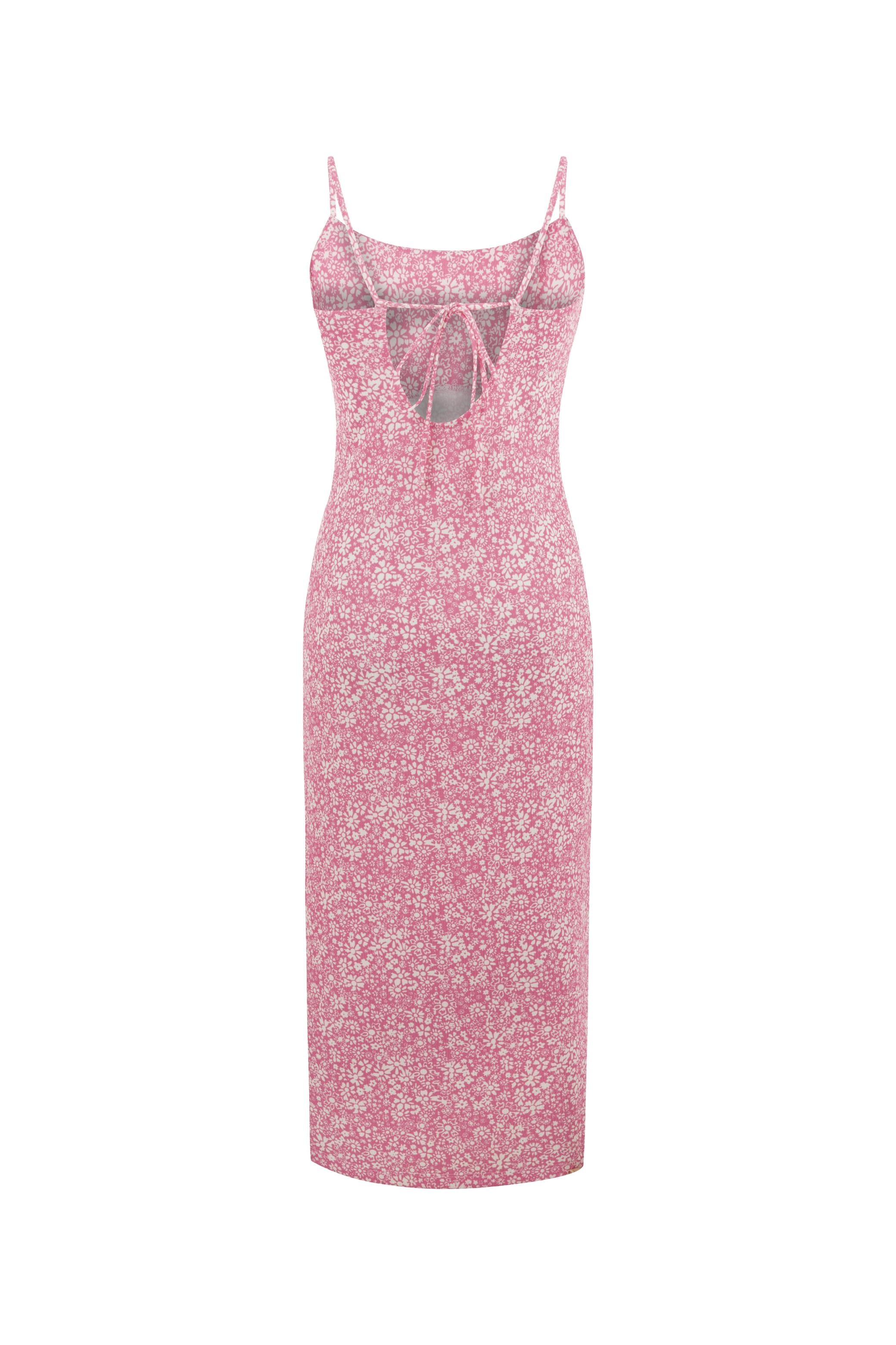 ÇİÇEK DESENLİ YIRTMAÇLI MİDİ ELBİSE