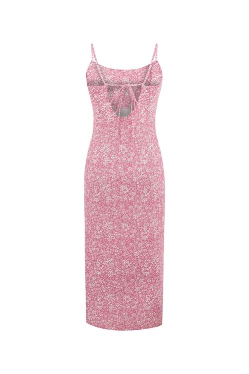  ÇİÇEK DESENLİ YIRTMAÇLI MİDİ ELBİSE