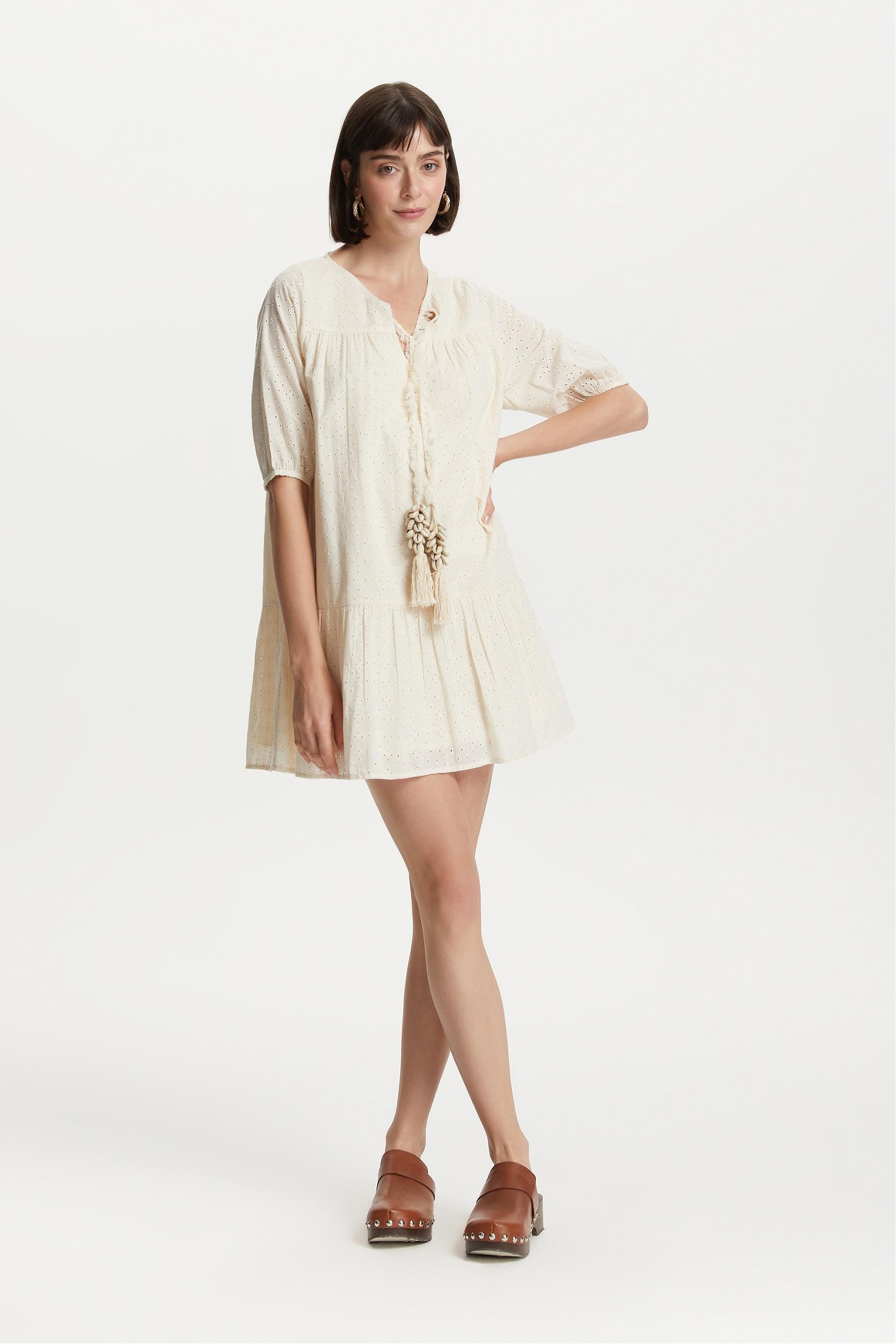 DENİZ KABUĞU DETAYLI FİSTO MİNİ ELBİSE