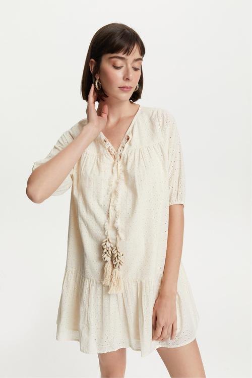  DENİZ KABUĞU DETAYLI FİSTO MİNİ ELBİSE