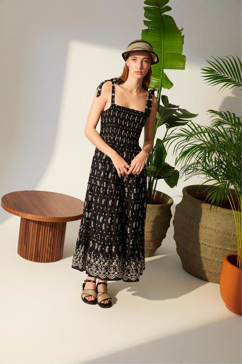  GİPELİ ETNİK DESENLİ UZUN ELBİSE