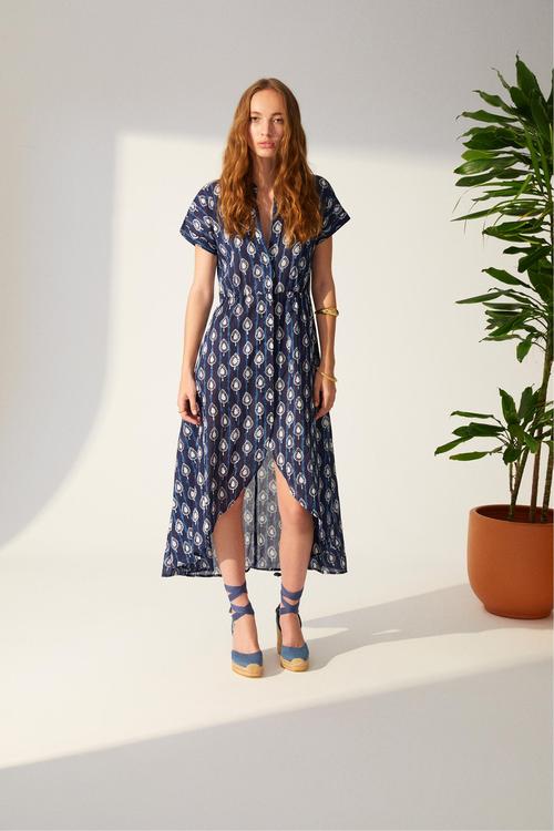  ETNİK DESENLİ KISA KOLLU MİDİ ELBİSE