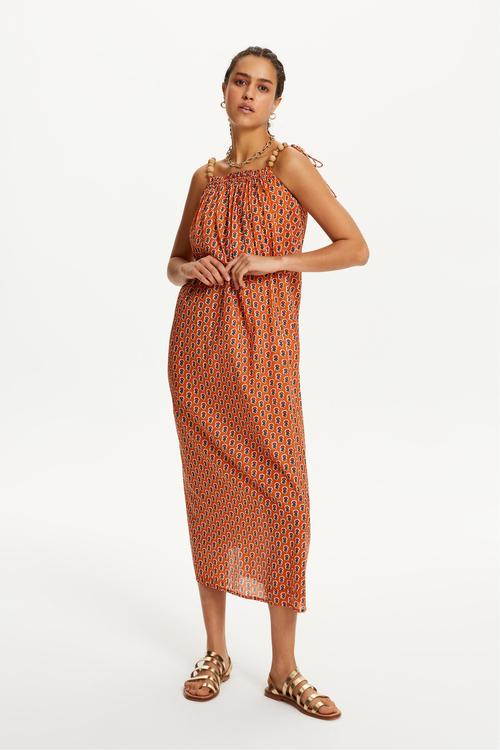  ASKILI ETNİK DESENLİ UZUN ELBİSE