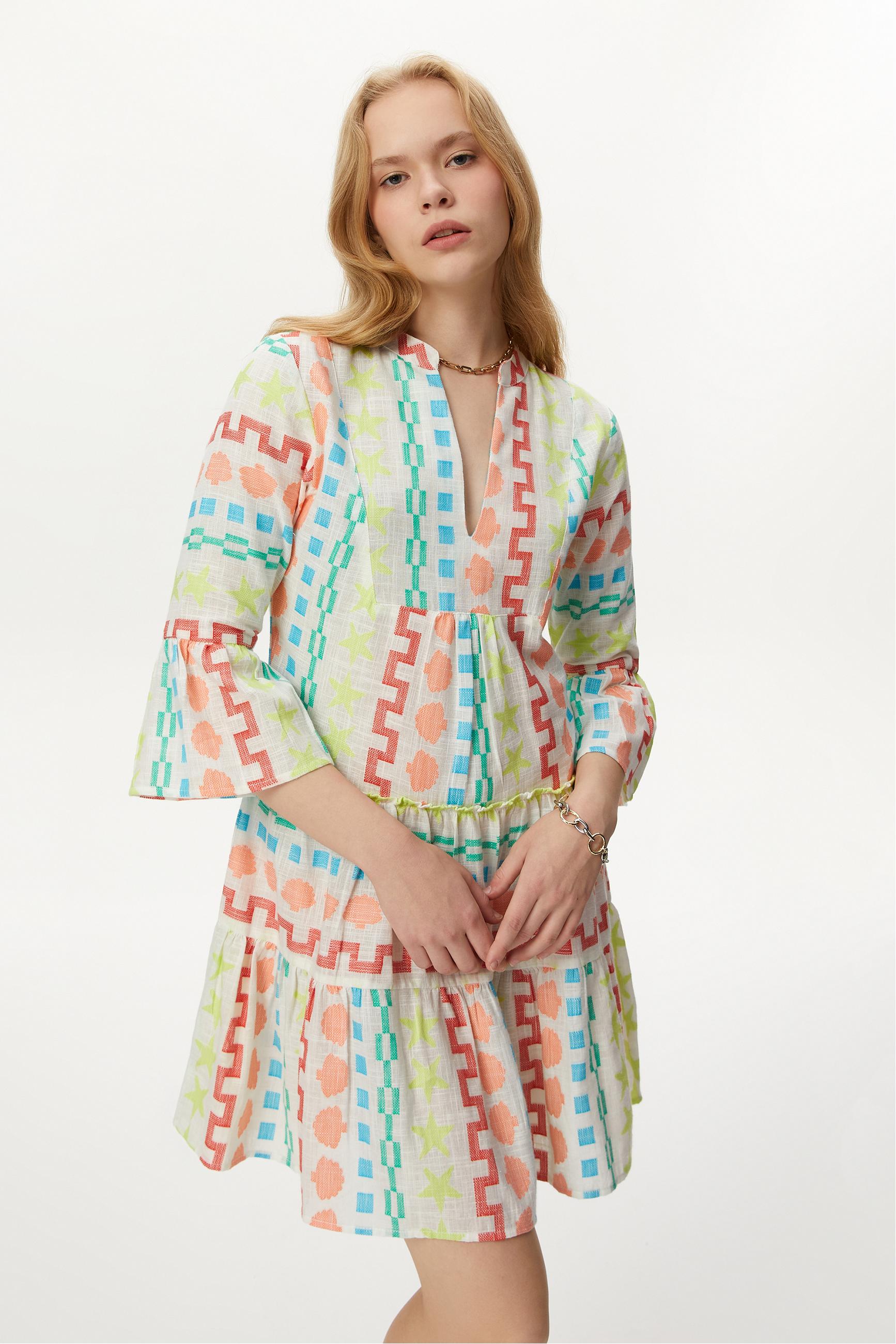 ETNİK DESENLİ MİNİ KLOŞ ELBİSE