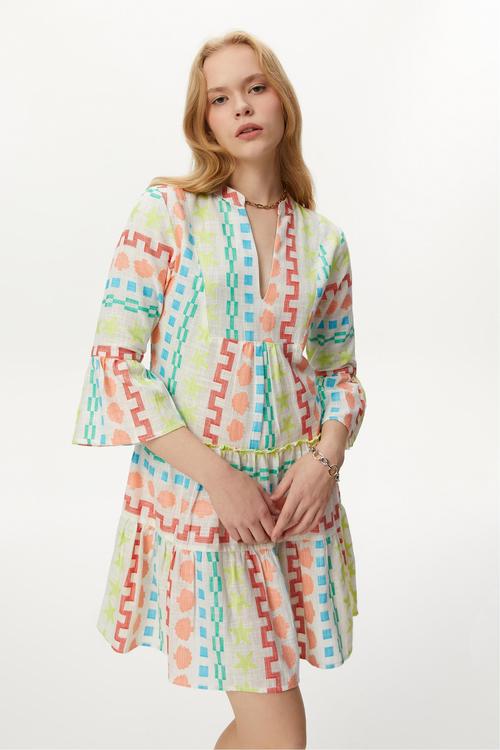  ETNİK DESENLİ MİNİ KLOŞ ELBİSE