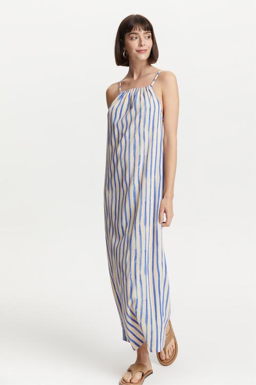  ÇİZGİLİ ASKILI DÜZ KESİM UZUN ELBİSE