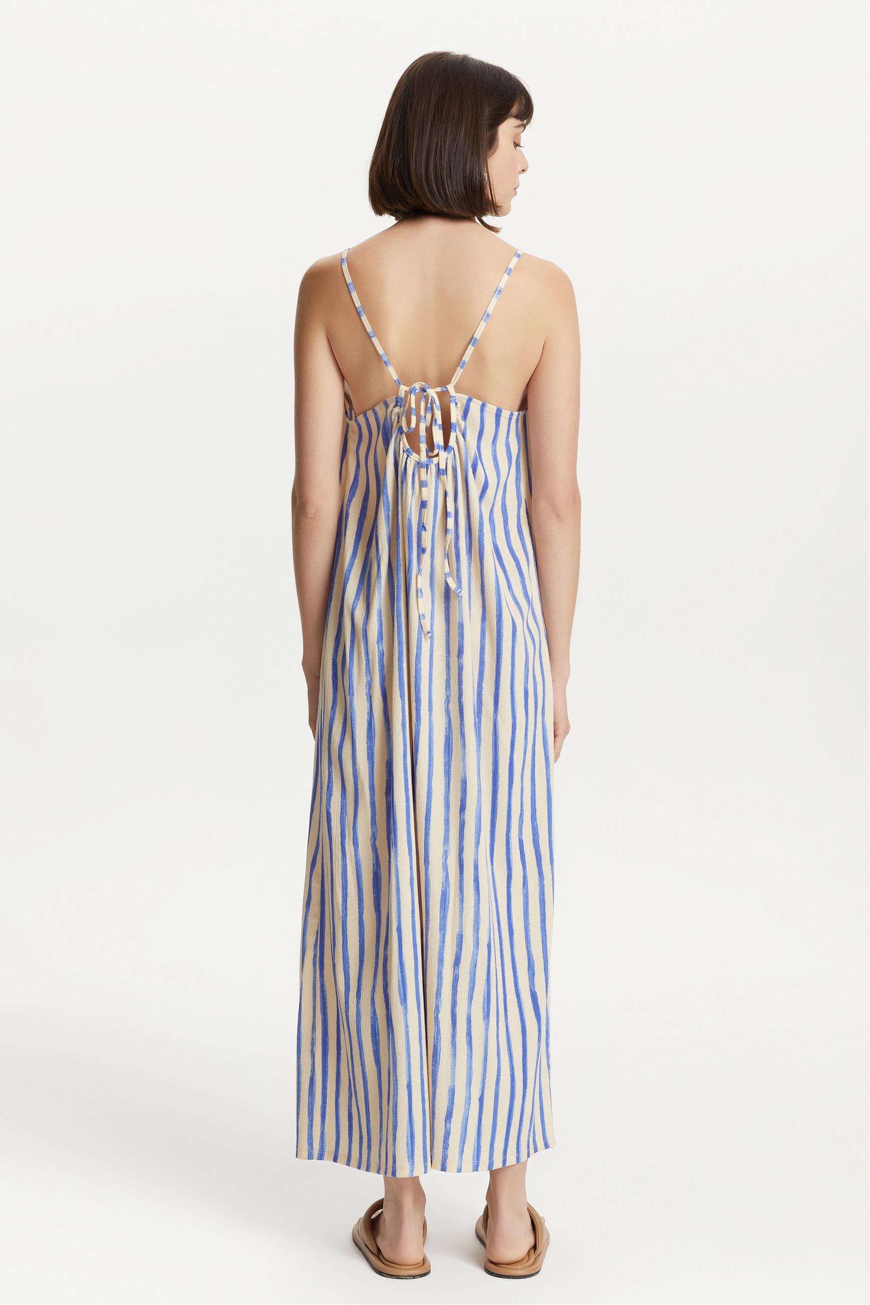 ÇİZGİLİ ASKILI DÜZ KESİM UZUN ELBİSE