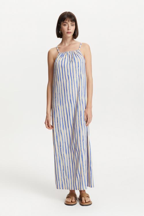  ÇİZGİLİ ASKILI DÜZ KESİM UZUN ELBİSE