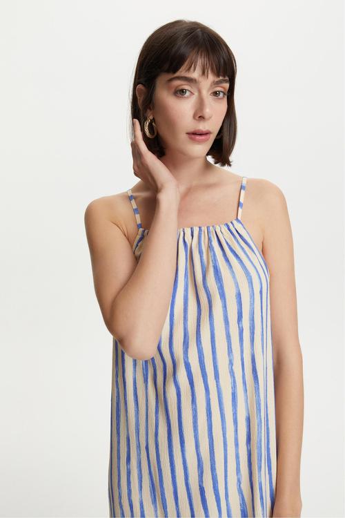  ÇİZGİLİ ASKILI DÜZ KESİM UZUN ELBİSE