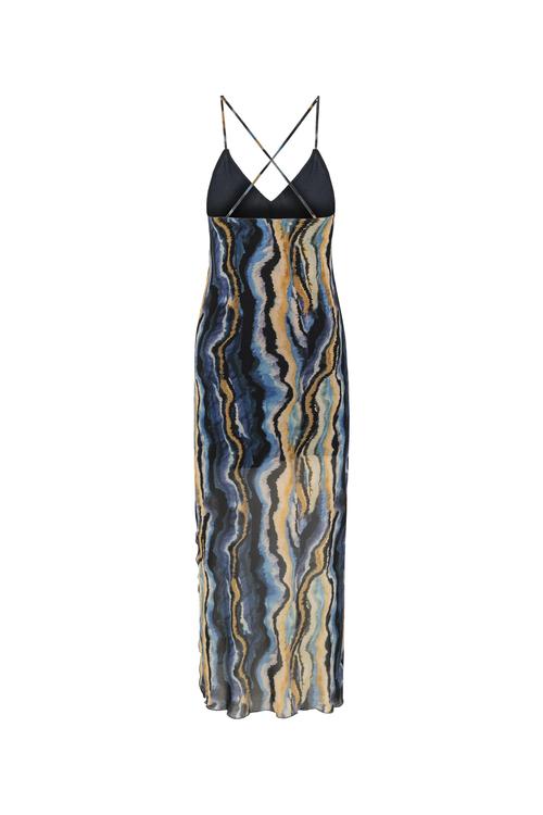  BATİK DESENLİ İNCE ASKILI UZUN ELBİSE