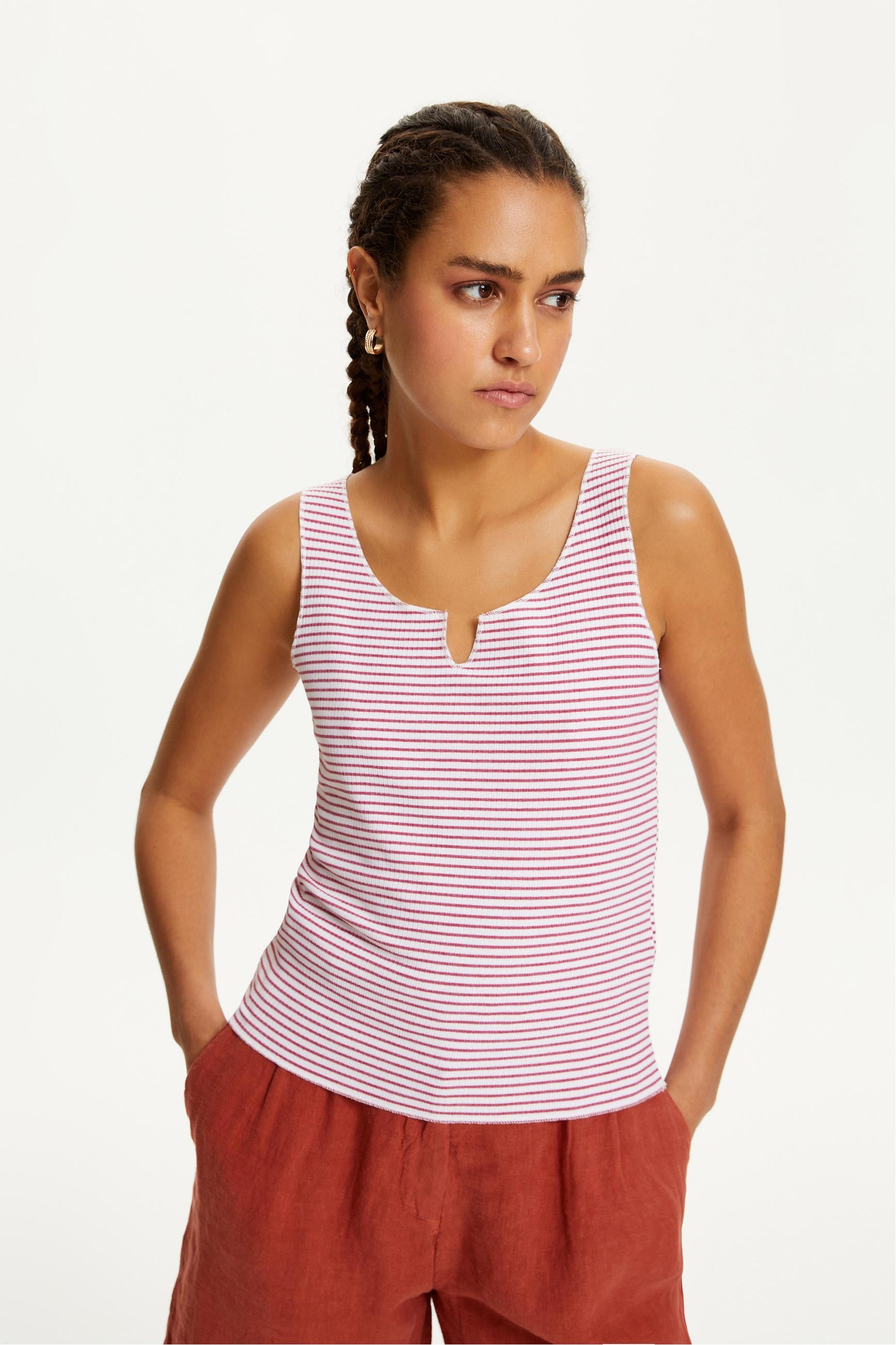 ÇİZGİLİ U YAKA KOLSUZ ATLET