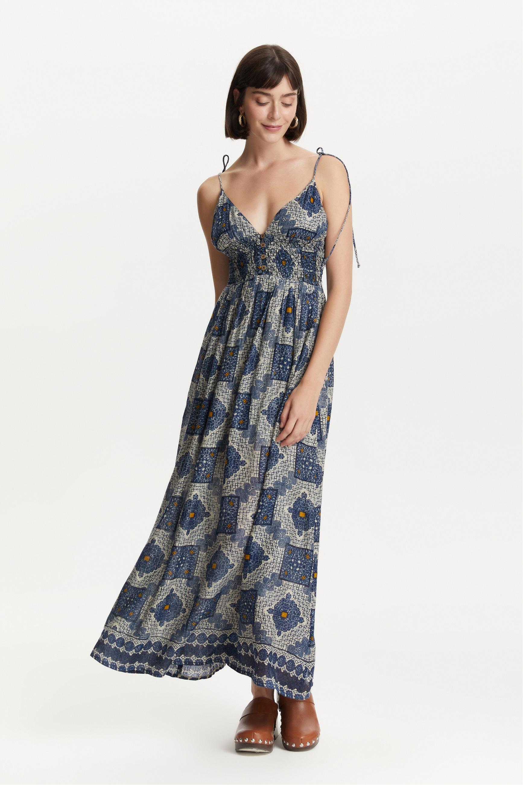 İNCE ASKILI ETNİK DESENLİ UZUN ELBİSE