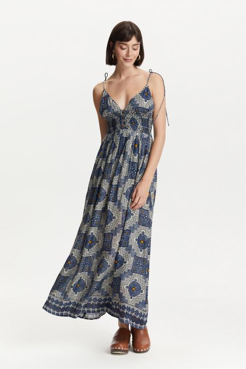  İNCE ASKILI ETNİK DESENLİ UZUN ELBİSE