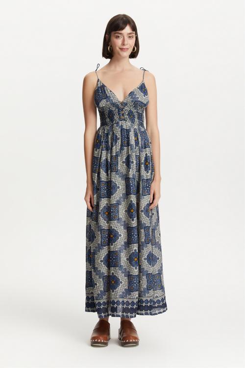  İNCE ASKILI ETNİK DESENLİ UZUN ELBİSE