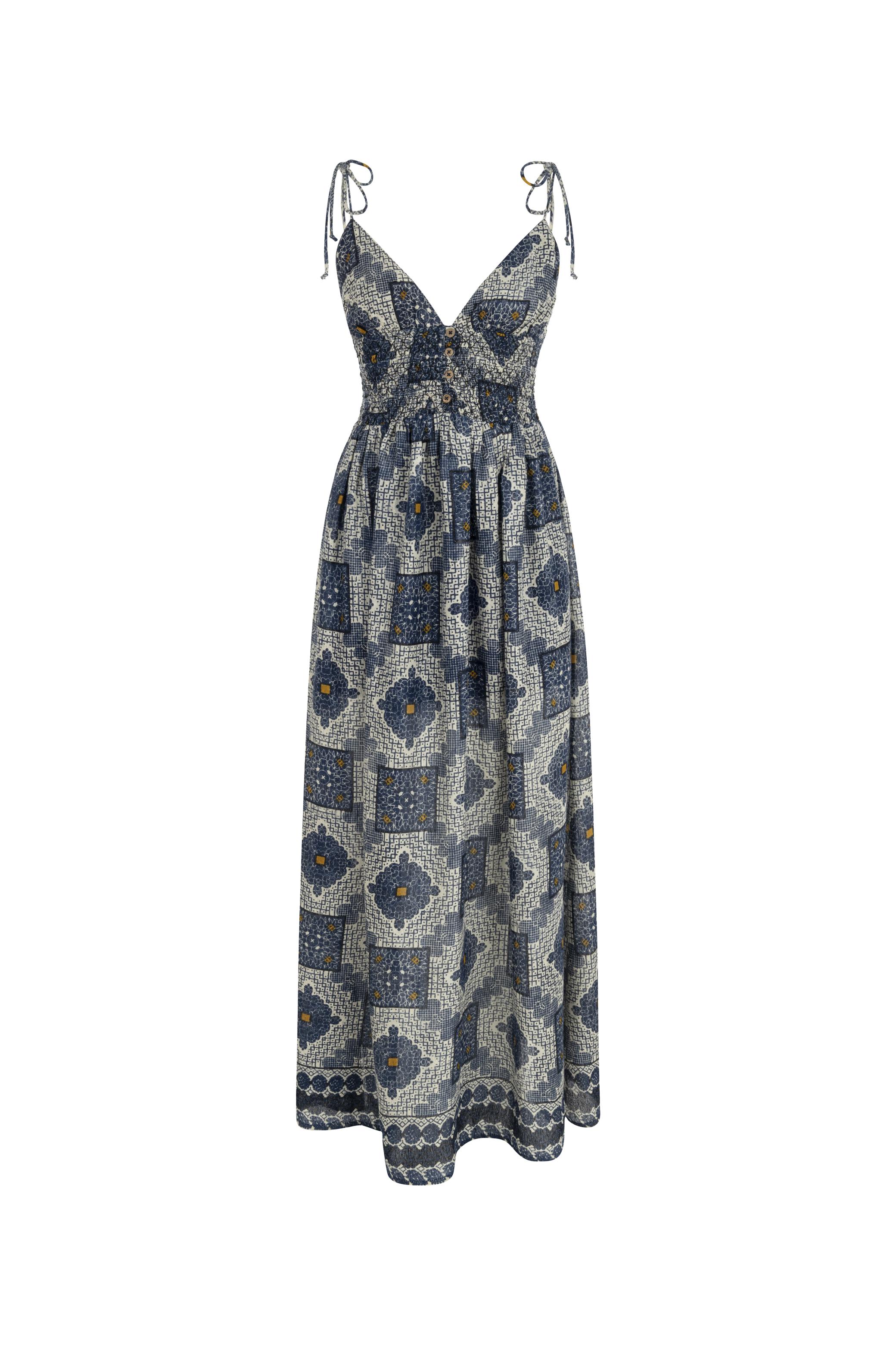 İNCE ASKILI ETNİK DESENLİ UZUN ELBİSE