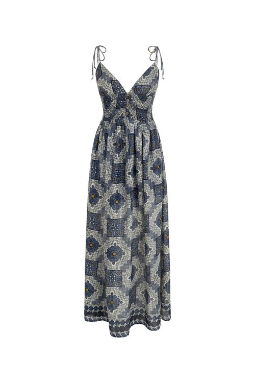  İNCE ASKILI ETNİK DESENLİ UZUN ELBİSE