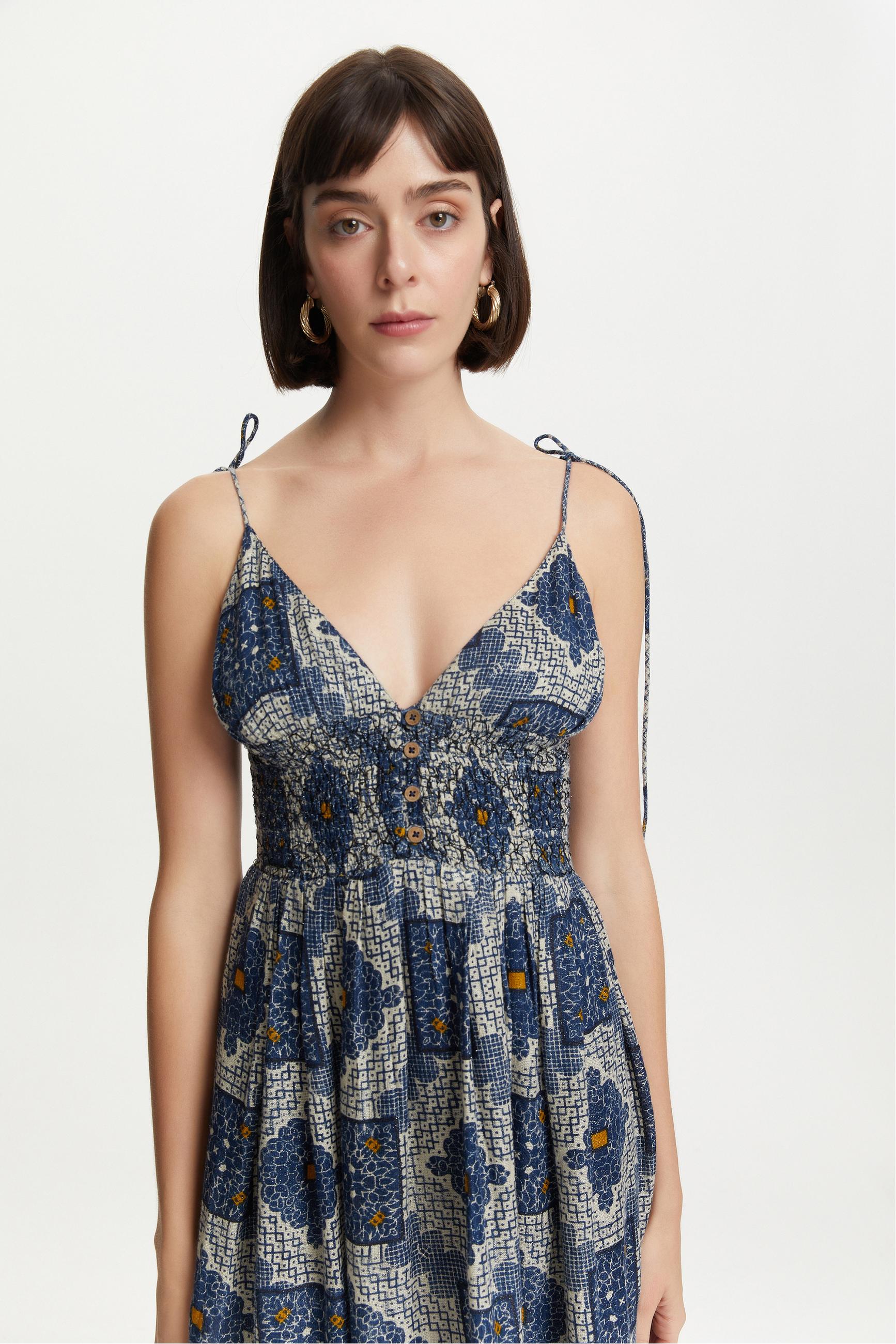 İNCE ASKILI ETNİK DESENLİ UZUN ELBİSE