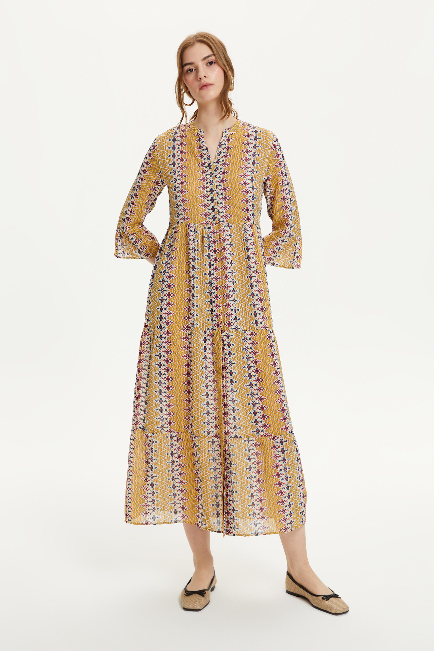 ETNİK DESENLİ UZUN ELBİSE