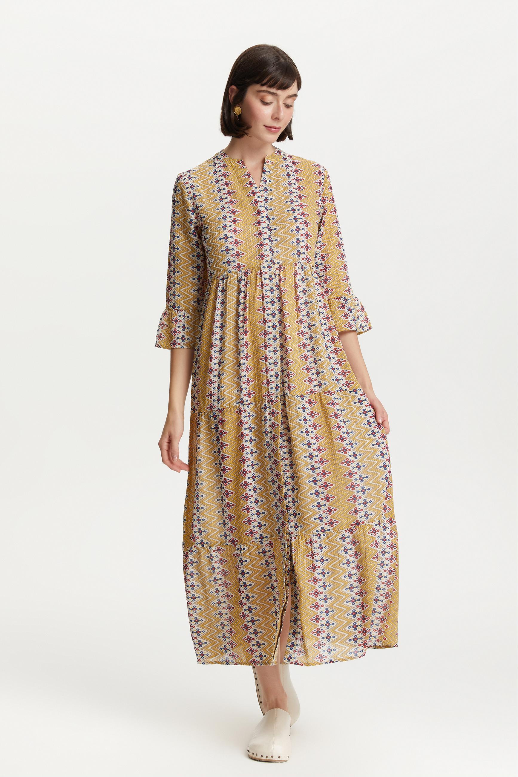 ETNİK DESENLİ UZUN ELBİSE