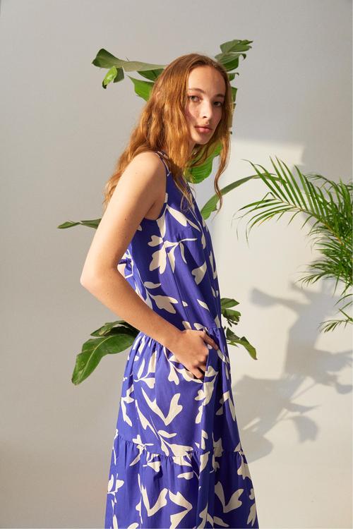  ÇİÇEK DESENLİ A FORM MİDİ ELBİSE