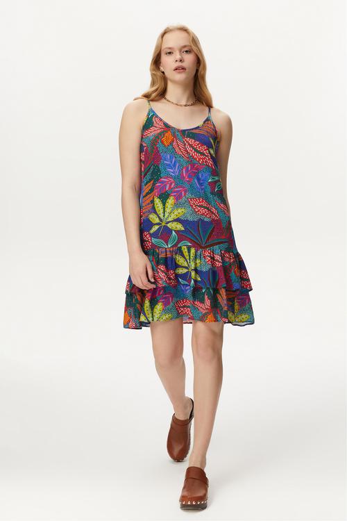  ÇİÇEK DESENLİ ASKILI MİNİ ELBİSE