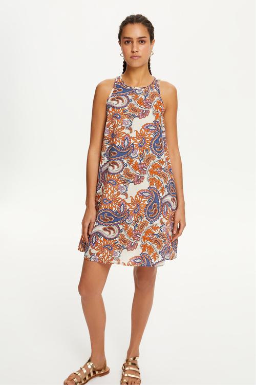  KETEN KARIŞIMLI ETNİK DESENLİ MİNİ ELBİSE