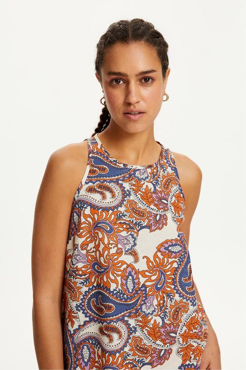  KETEN KARIŞIMLI ETNİK DESENLİ MİNİ ELBİSE