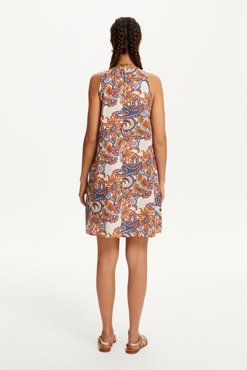  KETEN KARIŞIMLI ETNİK DESENLİ MİNİ ELBİSE