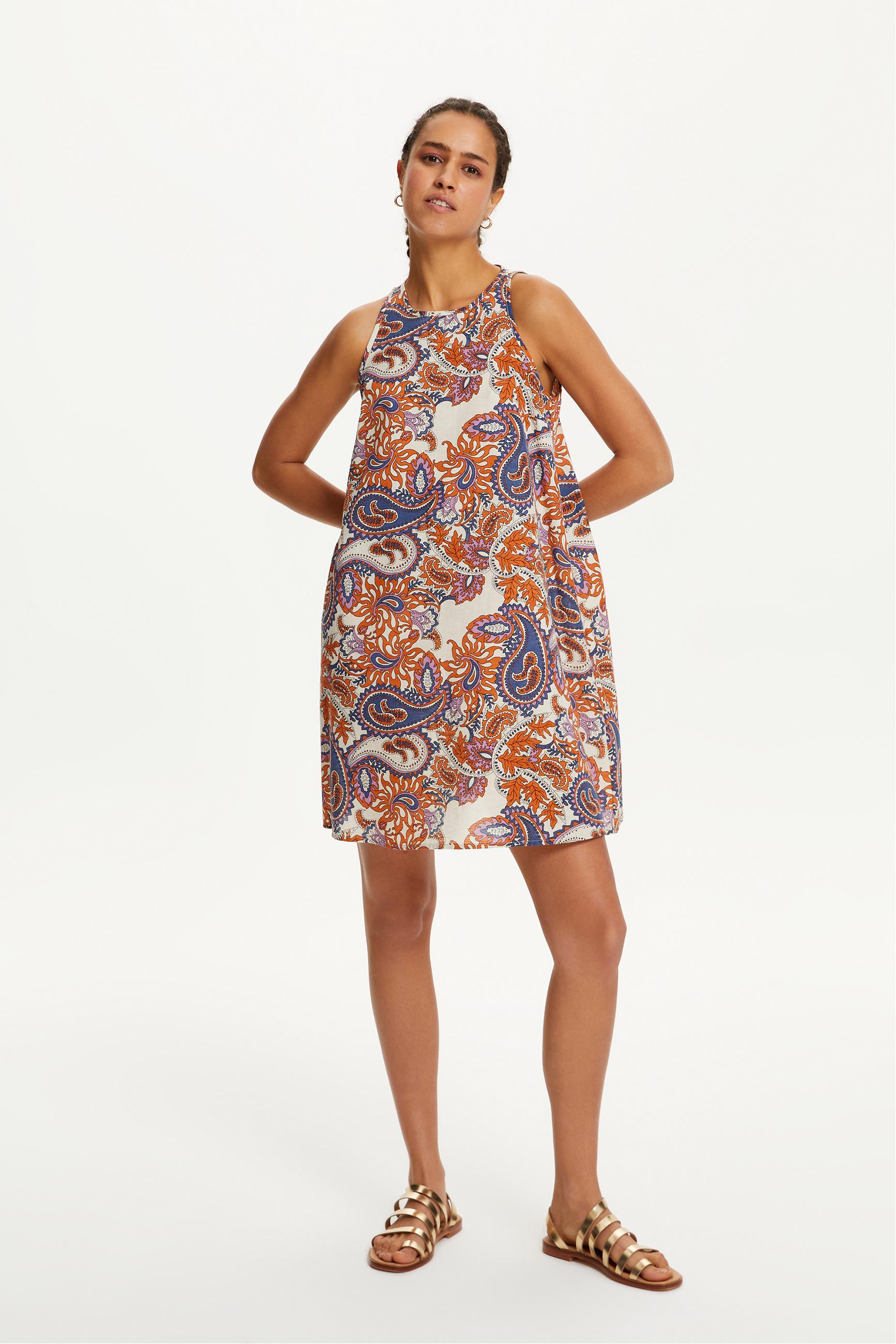 KETEN KARIŞIMLI ETNİK DESENLİ MİNİ ELBİSE