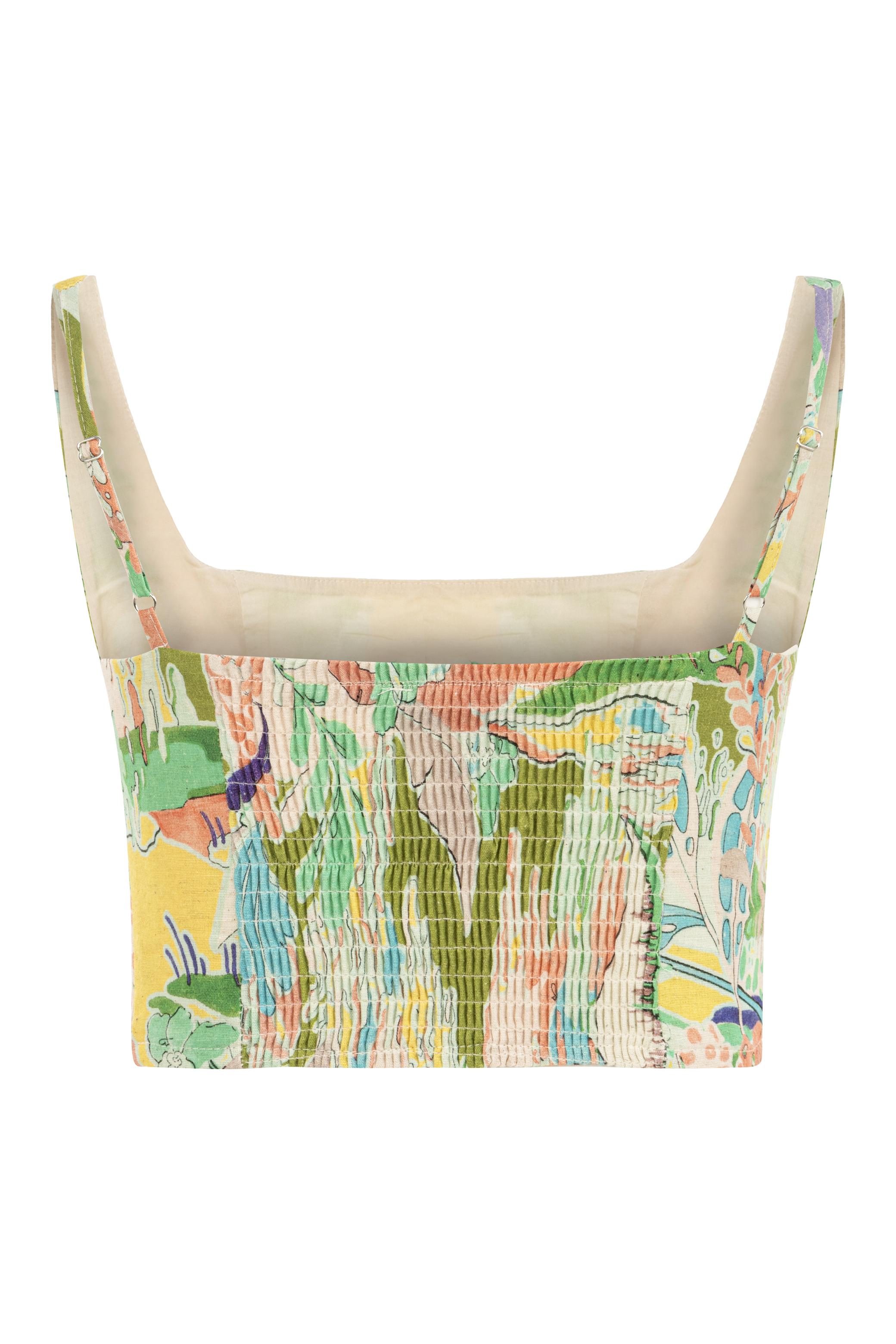 DESENLİ KETEN KARIŞIMLI CROP TOP