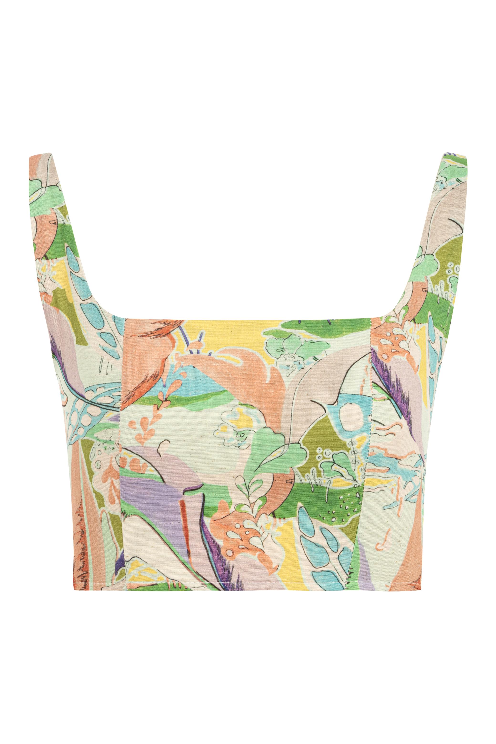 DESENLİ KETEN KARIŞIMLI CROP TOP