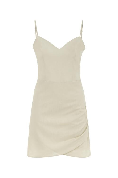  ASKILI A FORM MİNİ KETEN ELBİSE