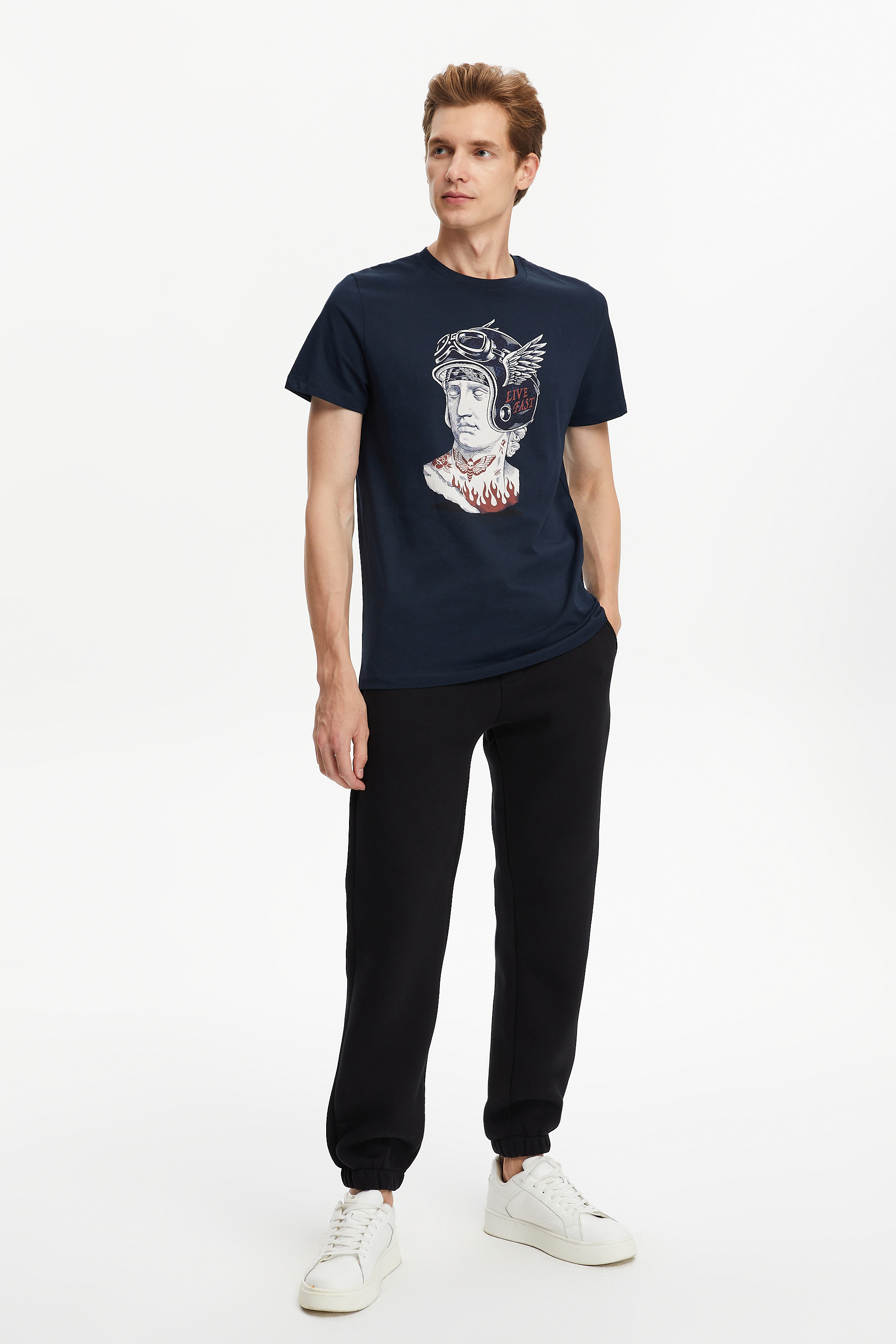 BASKILI KISA KOLLU T-SHIRT