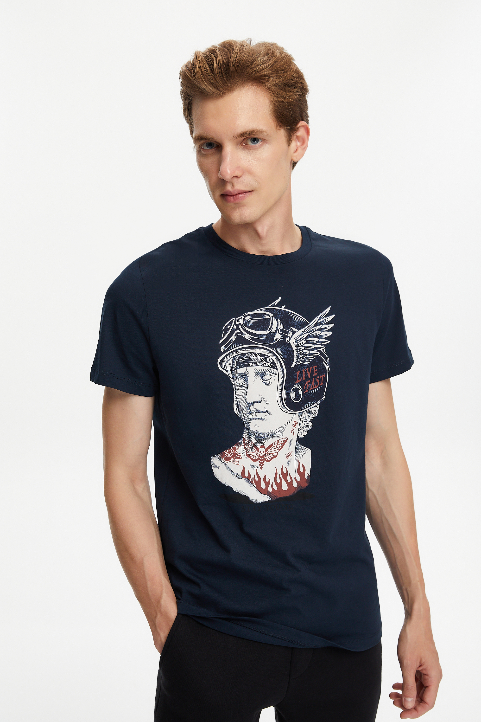 BASKILI KISA KOLLU T-SHIRT