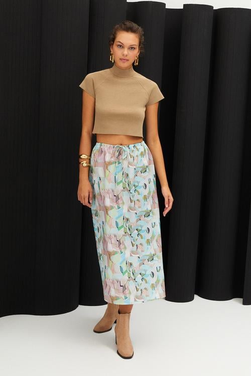  BELİ BAĞLAMALI DESENLİ MİDİ ETEK