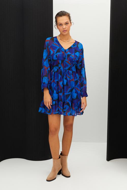  BASKILI A FORM MİNİ KLOŞ ELBİSE