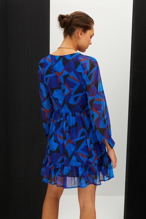  BASKILI A FORM MİNİ KLOŞ ELBİSE